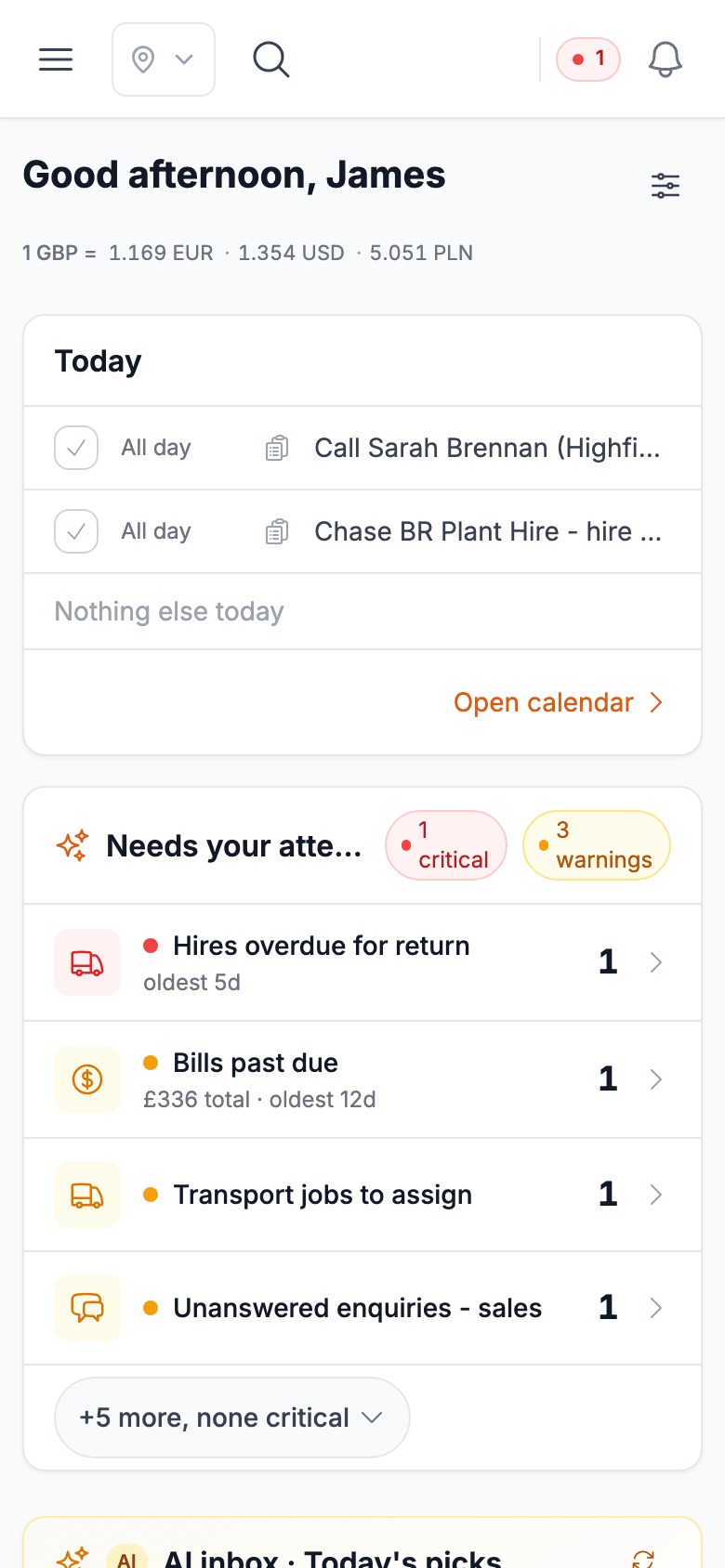 The same Stalmio dashboard on a phone, with the AI inbox and the day’s figures